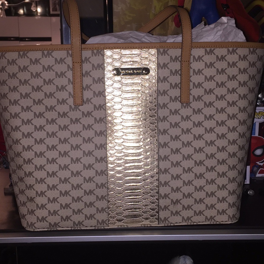 Michael Kors Center Stripe Emry Tote Bwn Nat/gold